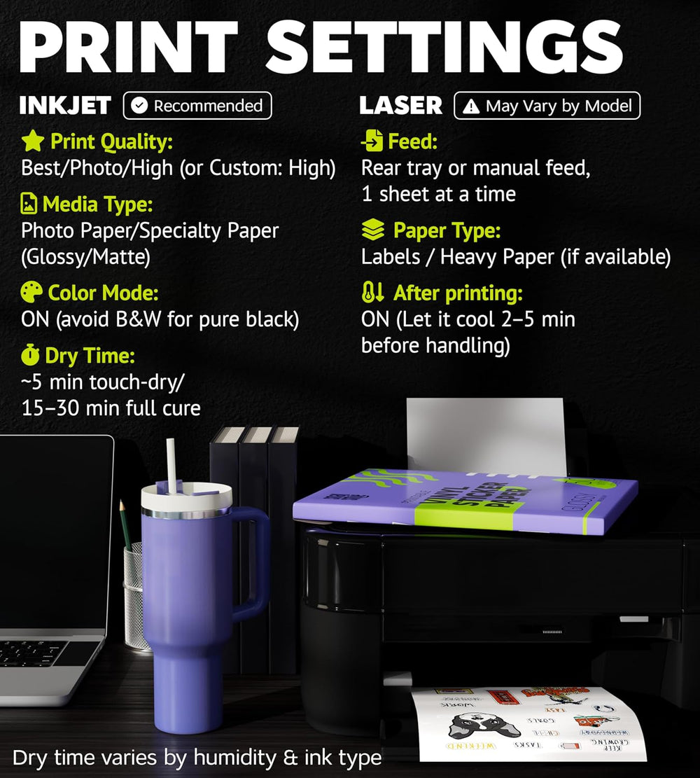 Premium Printable Vinyl Sticker Paper for Inkjet Printer and Laser - 100 Whit...