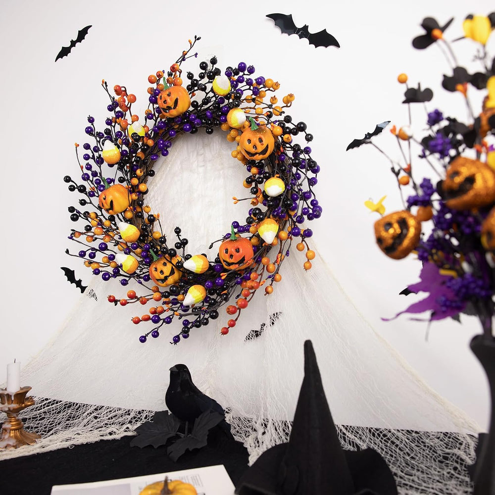 20" Halloween Wreaths for Front Door with Jack-o'-Lanterns and Candy