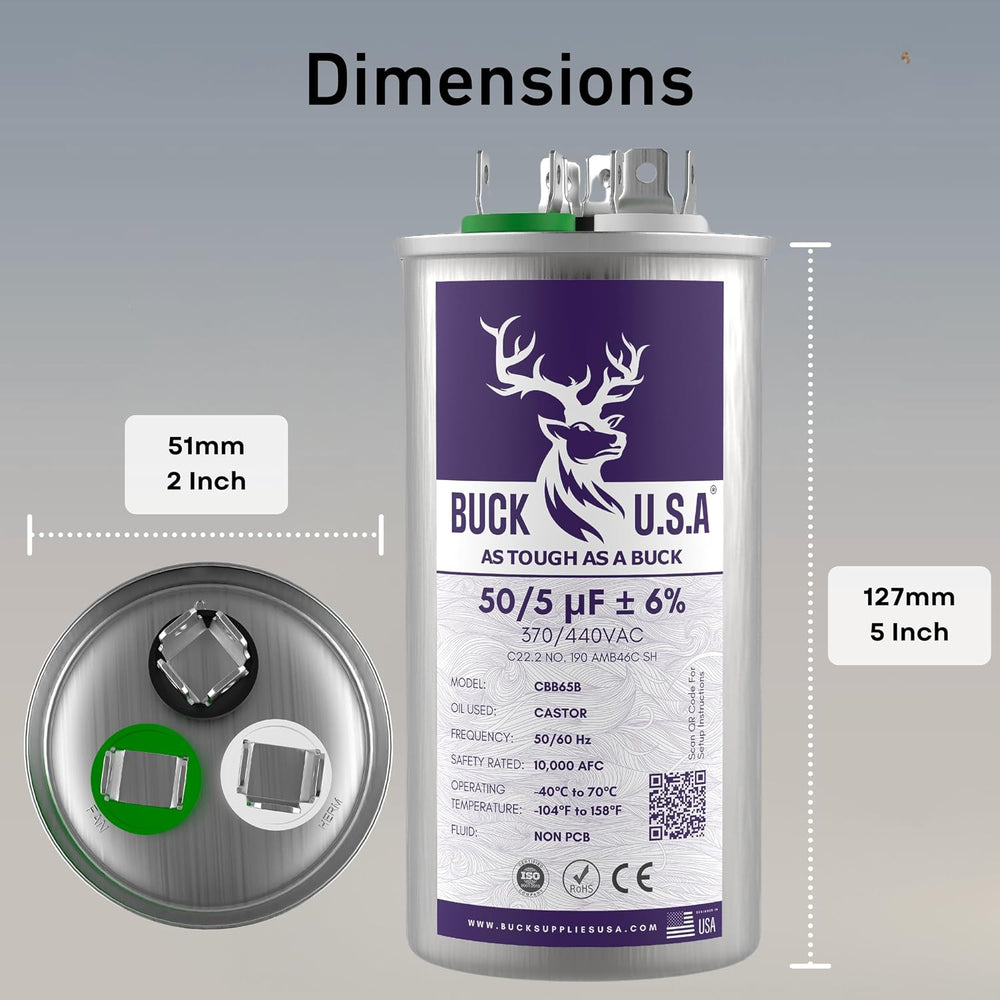 Buck 50+5uF 50/5 MFD ±6% CBB65B Dual Run Round Start Capacitor - Ideal for HV...