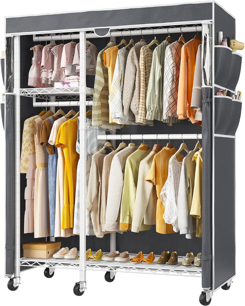 Raybee Clothes Rack with Cover, Rolling Portable Closet, 4 Hanging Zone
