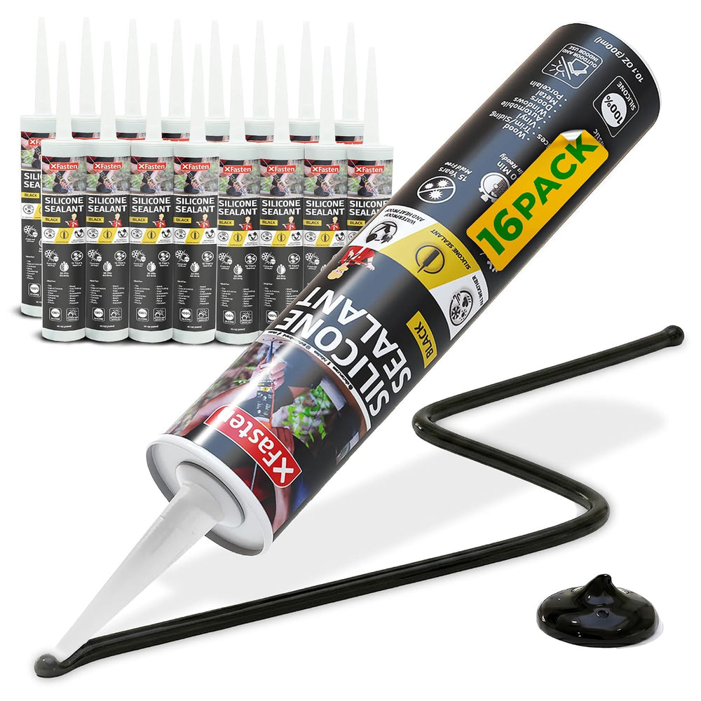 XFasten Black Silicone Caulk 10.1oz (16-Pack 161.6oz Total) Odorless 100% Sil...