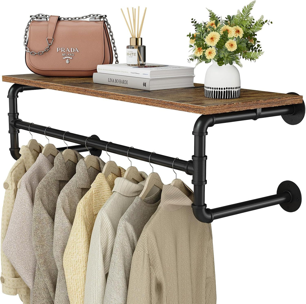 Clothes Rack Wall Mounted, 29.1in Shelf with Hanging Rod, Industrial Pipe Clo...