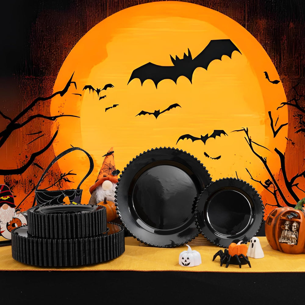 U-QE 60PCS Black Plastic Plates - Halloween Black Disposable Plates