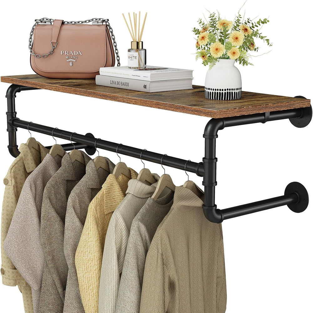 Clothes Rack Wall Mounted, 43.3in Shelf with Hanging Rod, Industrial Pipe Clo...