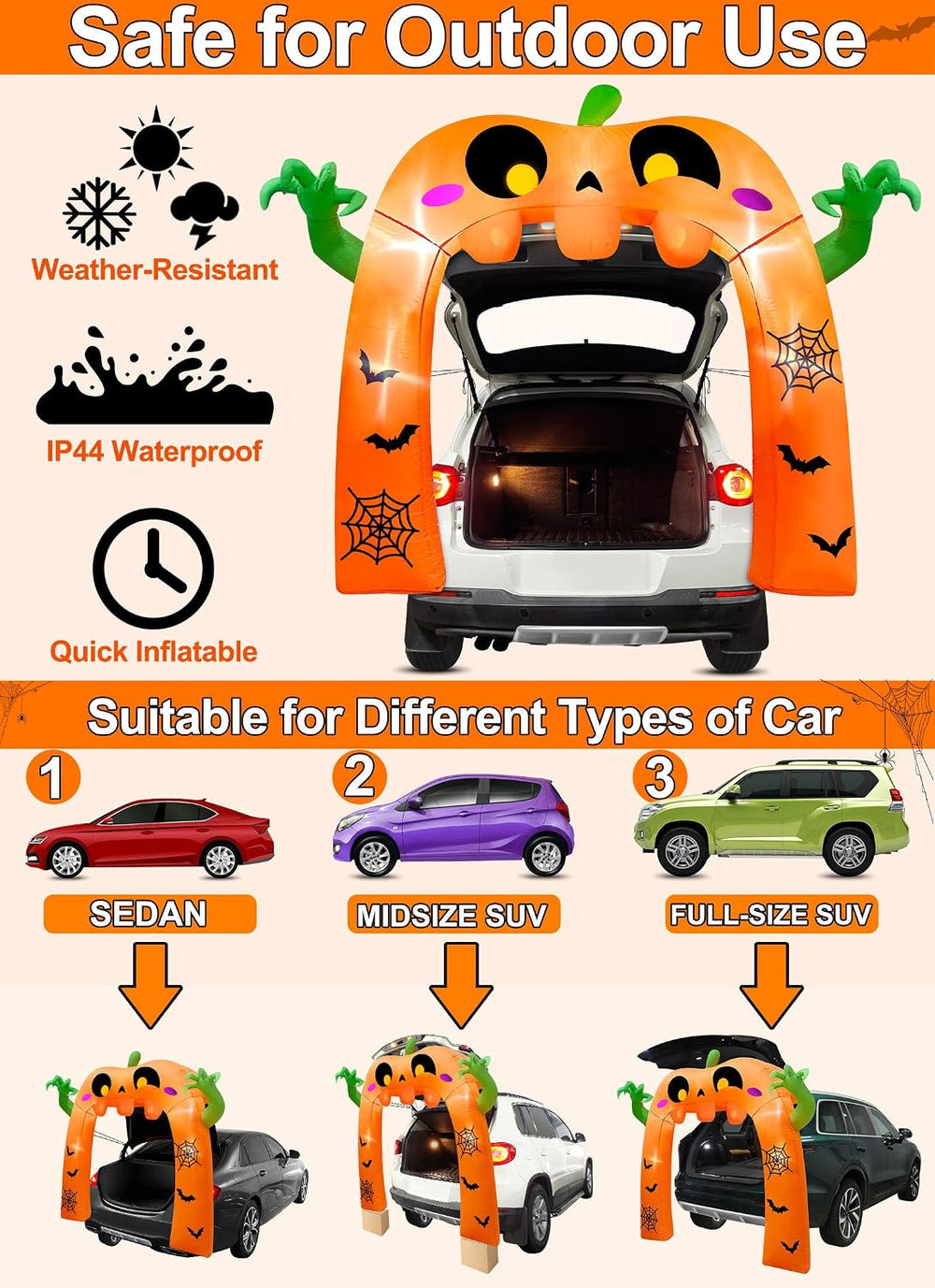 5 Ft Trunk or Treat Car Decoration Kit Halloween Inflatable Pumpkin Arch