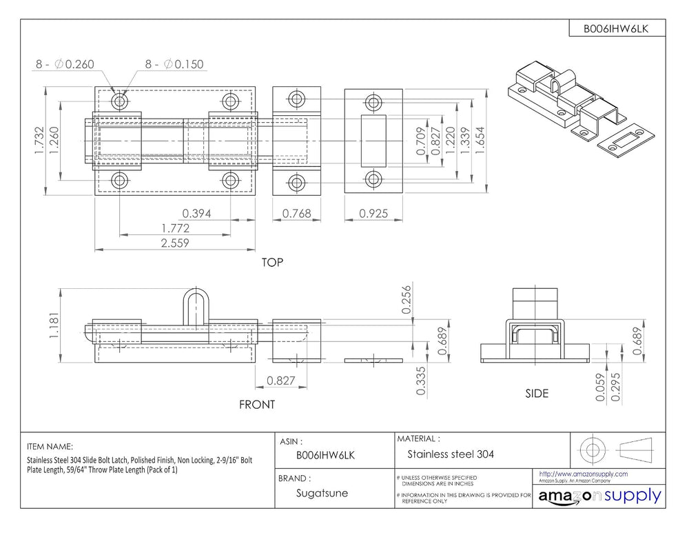 Stainless Steel 304 Slide Bolt Latch, Polished Finish, Non Locking, 2-9/16&qu...