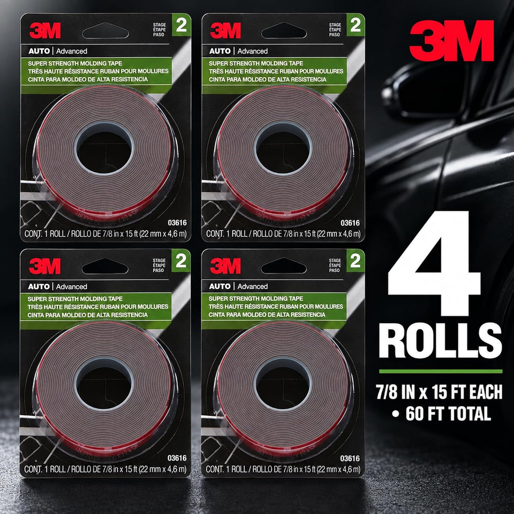 3M Super Strength Molding Tape 03616, 7/8 in x 15 ft, 4 Rolls, Black