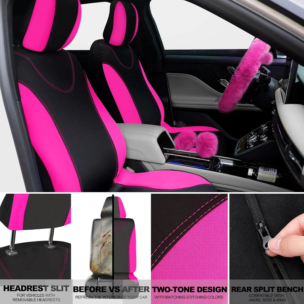 17 Pcs Car Seat Cover Full Set for Women Fluffy Fuzzy, Rose Red Black