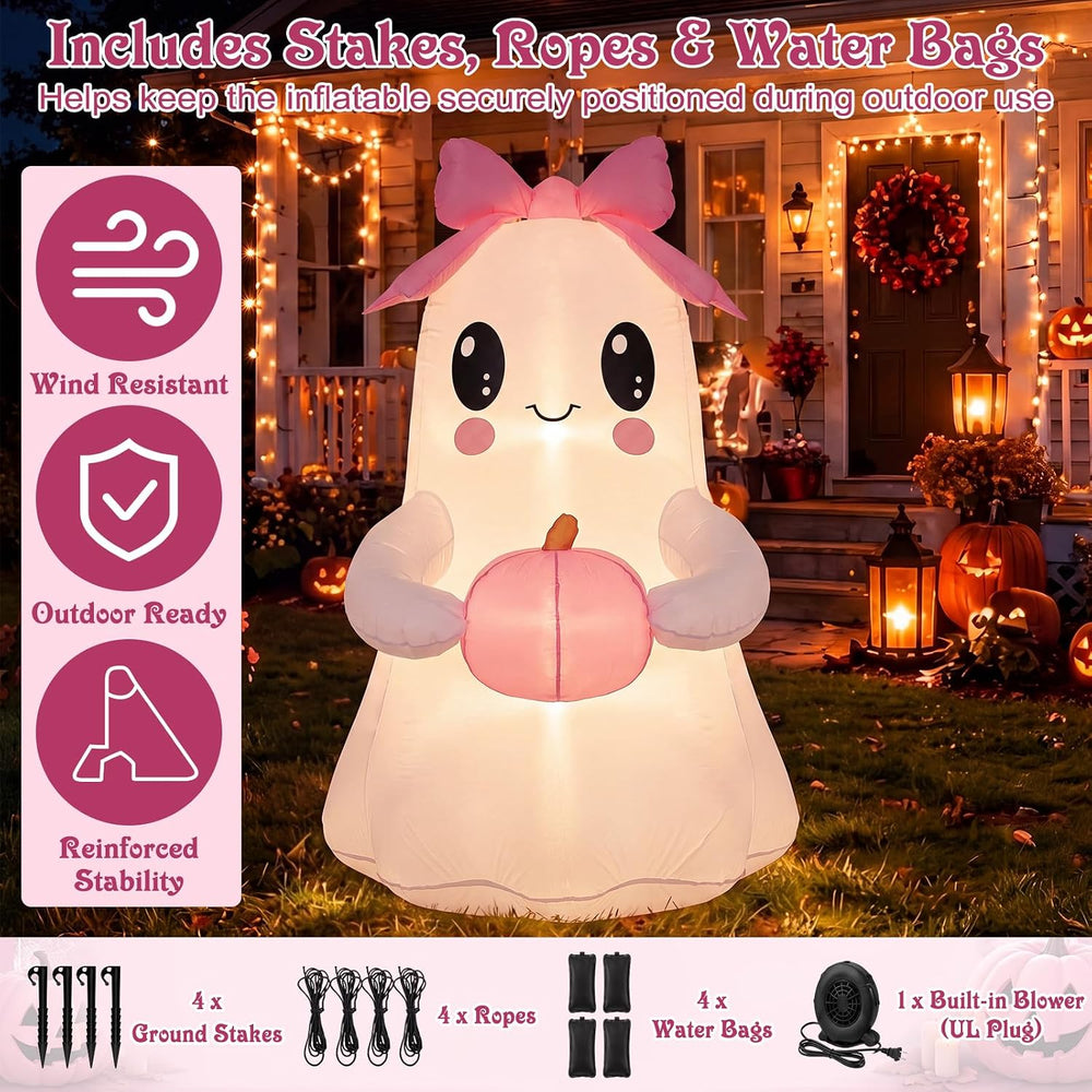 6 ft Pink Bow Halloween Inflatable Ghost Outdoor Decoration