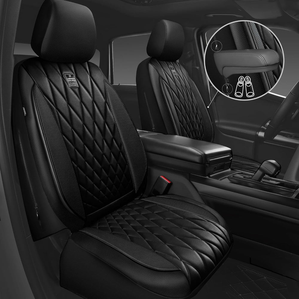 CAR PASS 5 Seats Piping Luxury Faux Leather Seat Covers Full Set, Anti-Slip W...