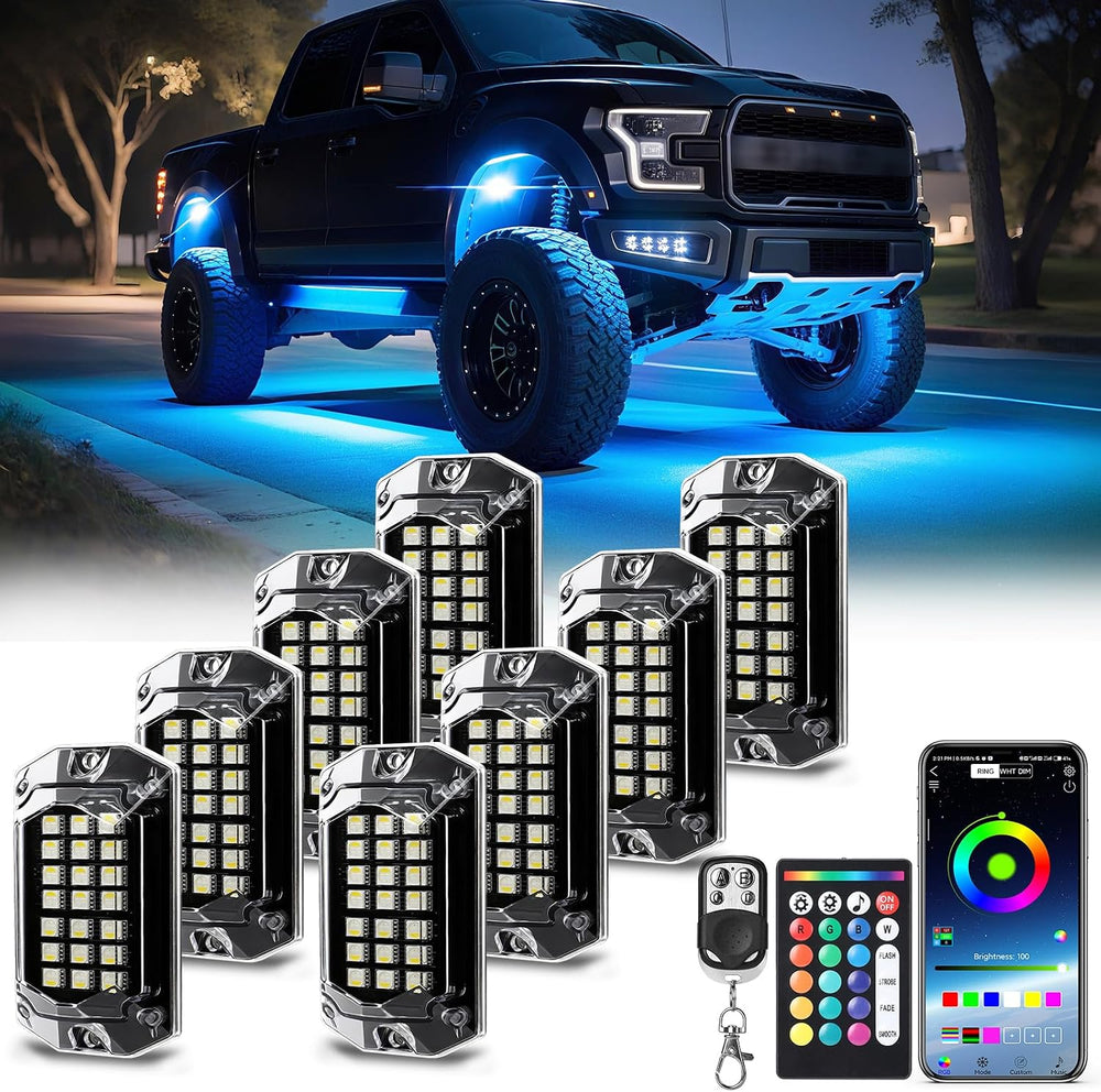 8 Pods Full Angle RGBW LED Rock Lights, 6500K Pure White RGB Rock Light for J...