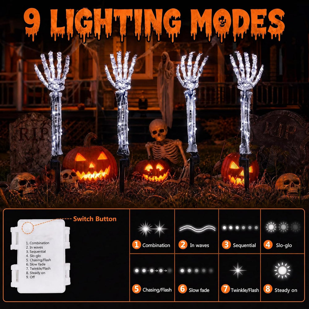 Halloween Skeleton Arm Stakes 4‑Pack, 160 White LED Battery‑Powered Lights
