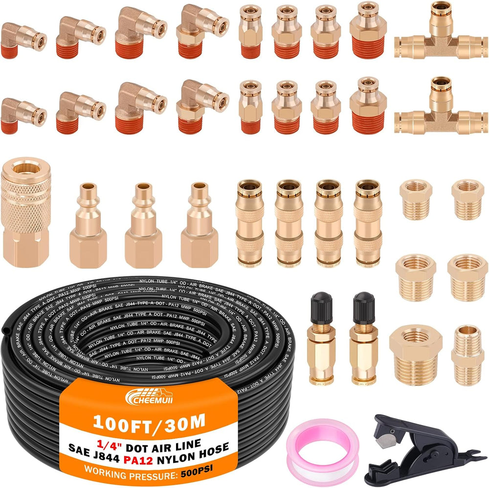 CheeMuii 37Pcs 1/4 Brass DOT Air Line Fittings with 100FT 1/4" DOT Air Line