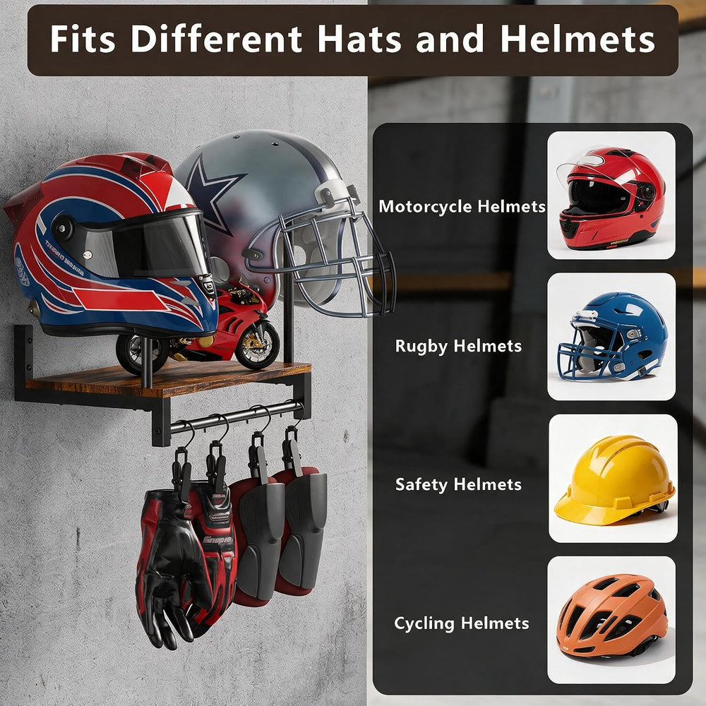 Automotive Helmet Holder Wall Mount, Solid Wood and Metal Helmet Rack with 4 ...