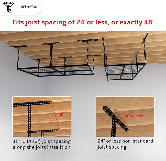 The Atlas 4 x 8 ft Adjustable Height Overhead Garage Storage Rack 900 lbs Heavy