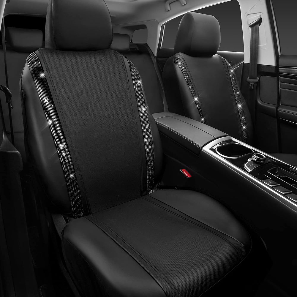 CAR PASS Leather Bling Diamond Car Seat Covers 2 Front Interior Sets, Waterpr...