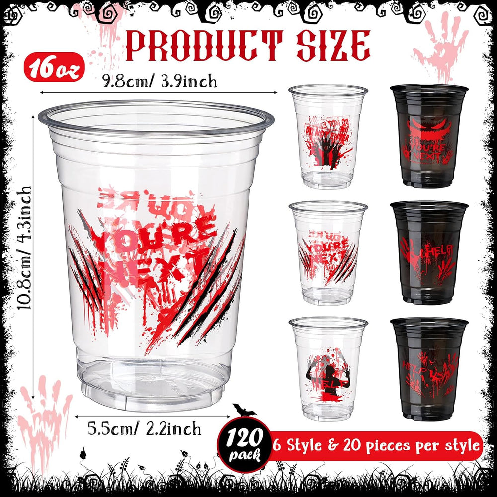 Sliner 120 Pack Halloween Cups 16 oz Bloody Hand Print Plastic Cups
