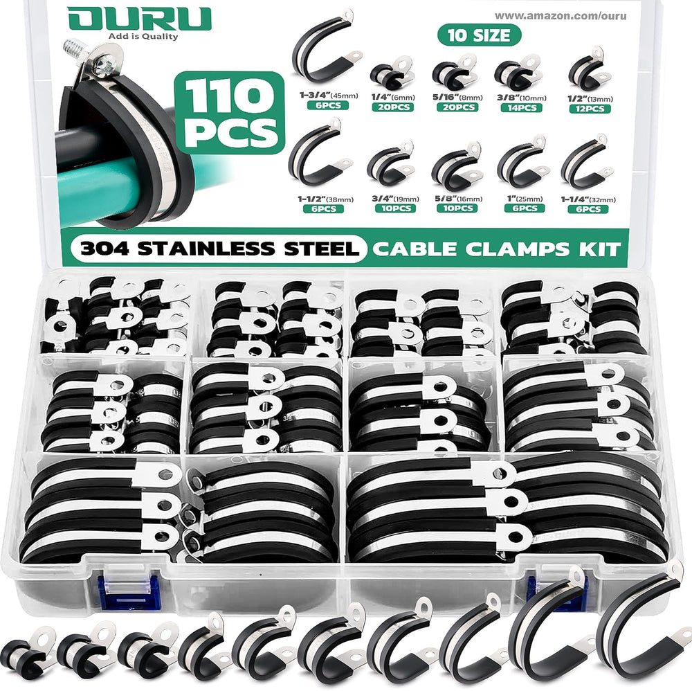 110PCS Cable Clamps Assortment Kit, 10 Sizes—1/4" 5/16" 3/8" 1...