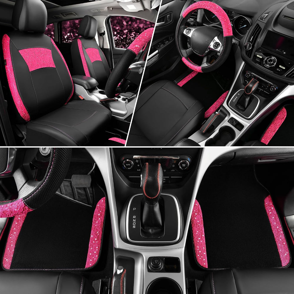 CAR PASS Universal Leather Pink Lace Car Seat Covers Full Set for Women Girls...