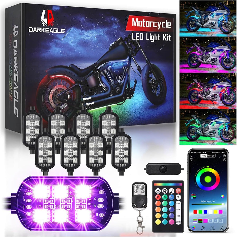 8PCS Motorcycle RGB LED Accent Lights with APP & RF Remote, Waterproof Fr...