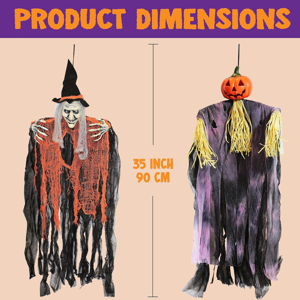 JOYIN 3 Pack 35” Hanging Ghosts Witch Pumpkin Decor Hanging Halloween Decorat...