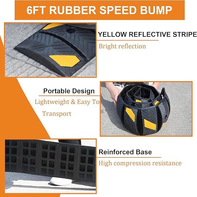 OrangeStar 6Ft Portable Rubber Speed Bump, Heavy Duty Speed Hump w/Reflective