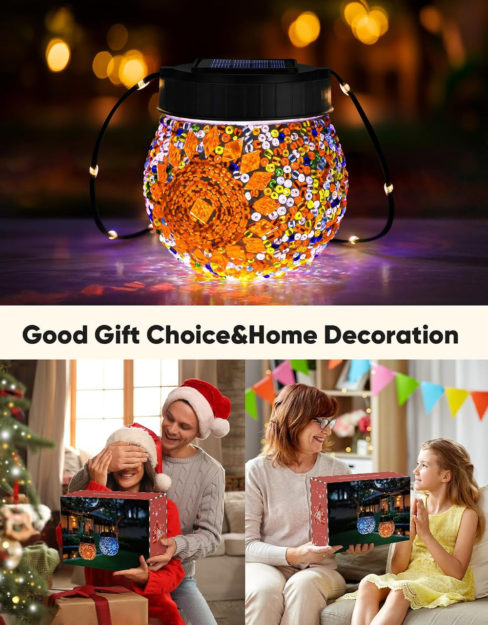 Mosaic Solar Lights Outdoor 6 Pack, Solar Hanging Lanterns Christmas Hallowee...
