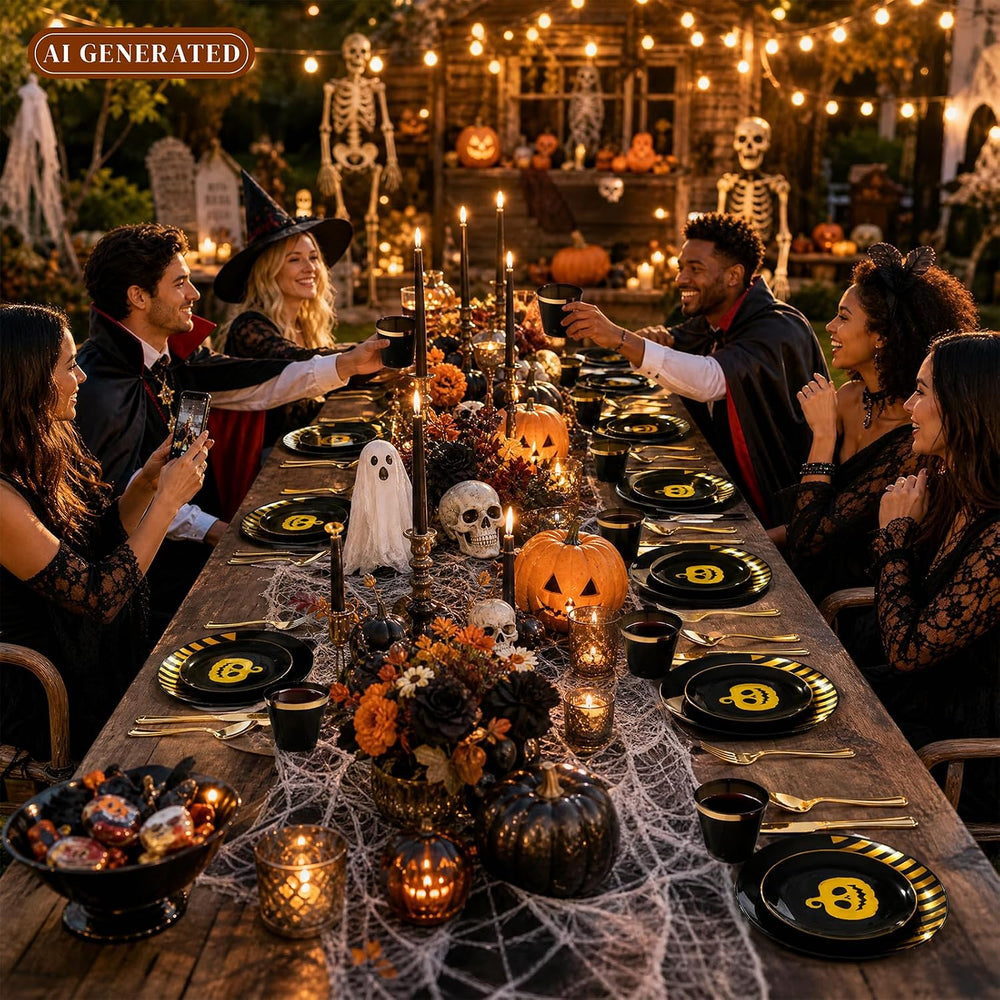 KIRE 25 Guest Halloween Plates Black Gold Plastic Plates Smiley Pumpkin inclu...