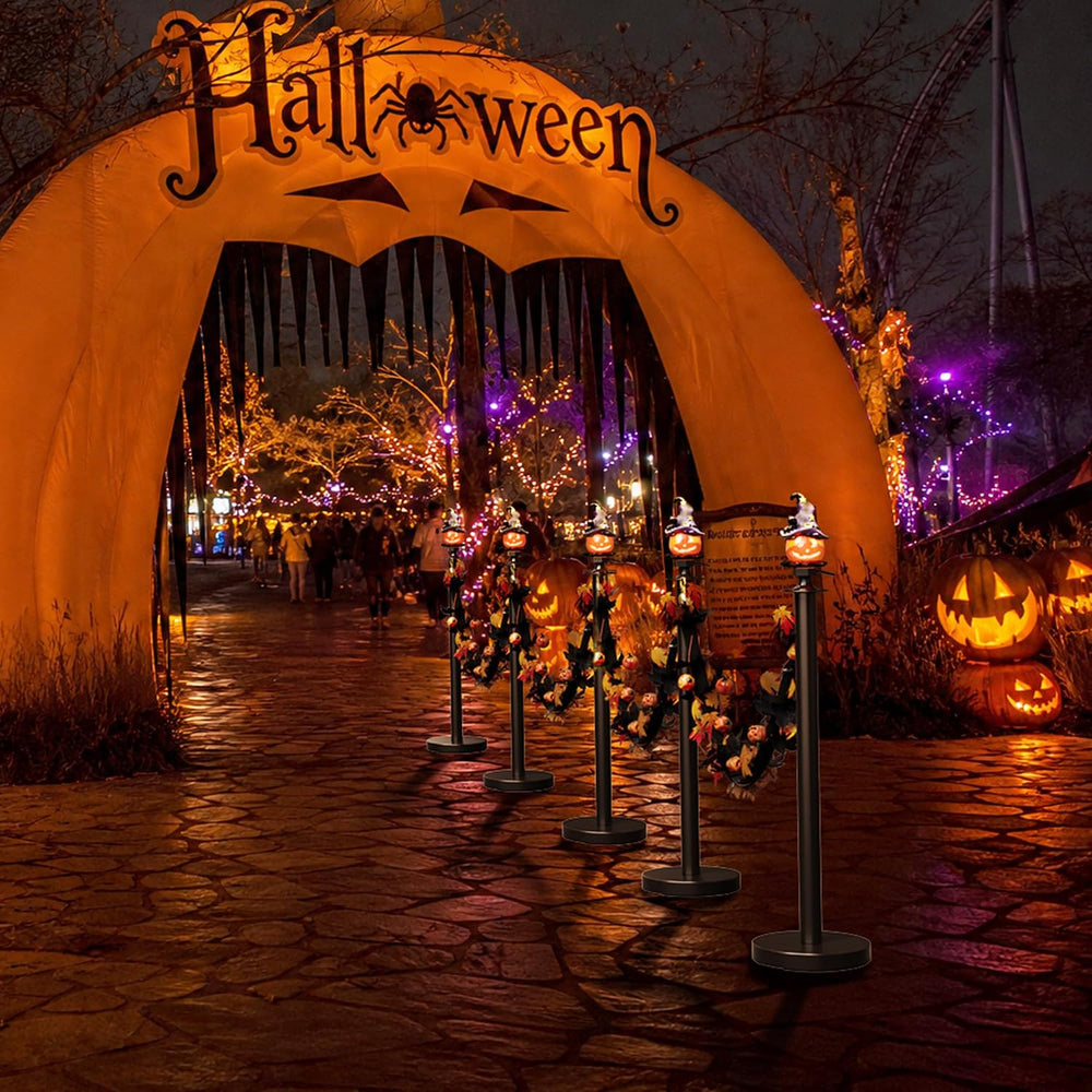 6 Pack Halloween Hat Pumpkin Head Black Stanchions and Velvet Ropes Set, Stai...