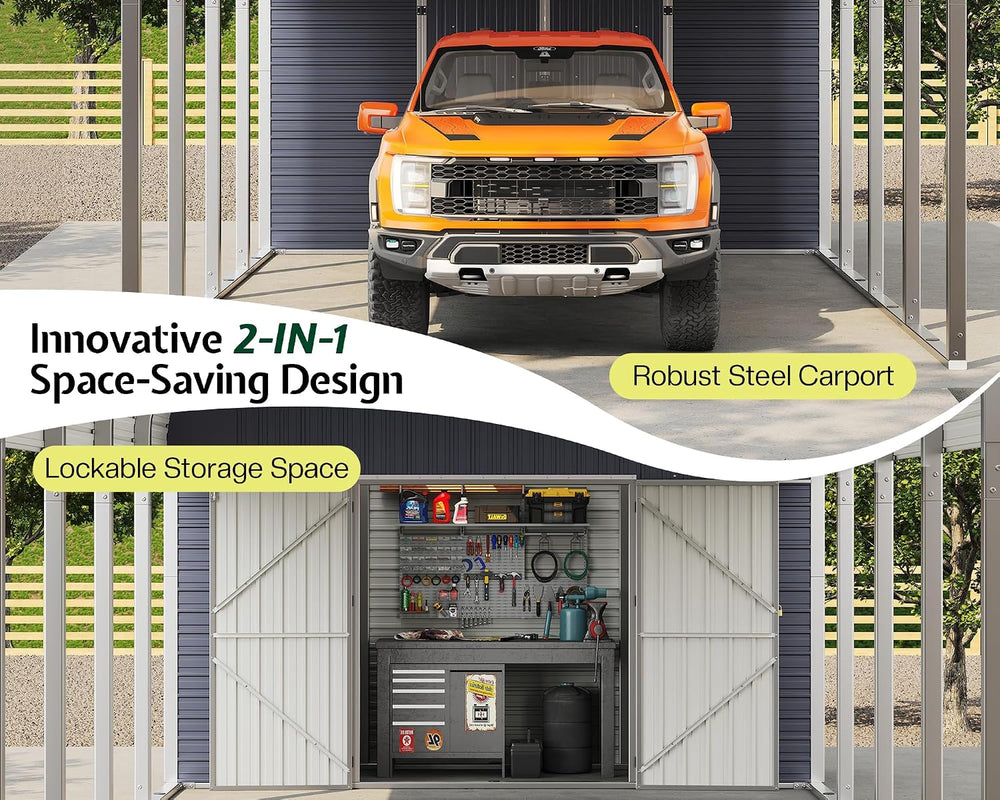 Jocisland 12x24 FT 2-in-1 Carport & Storage Shed, Galvanized Steel Roof