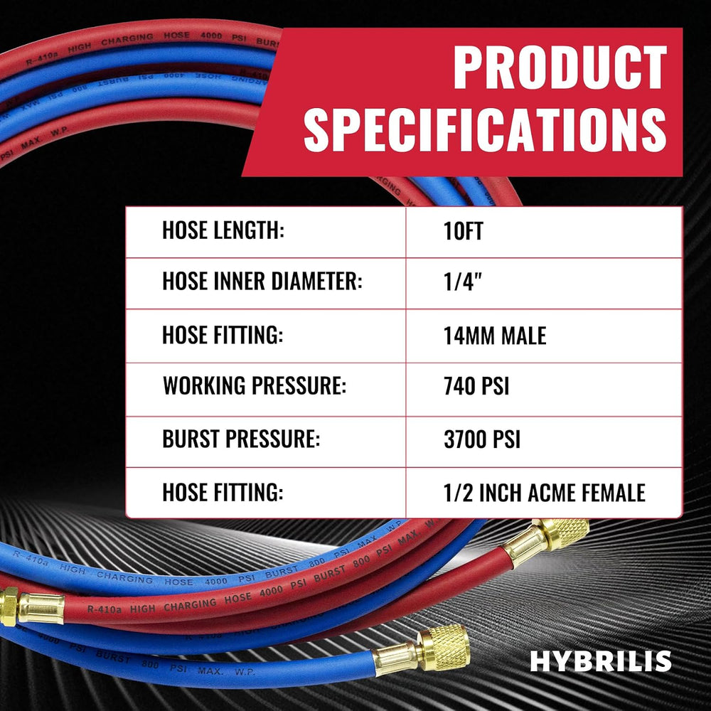10FT 34722 R-134a Hose Set for Robinair HVAC Hose Red & Blue
