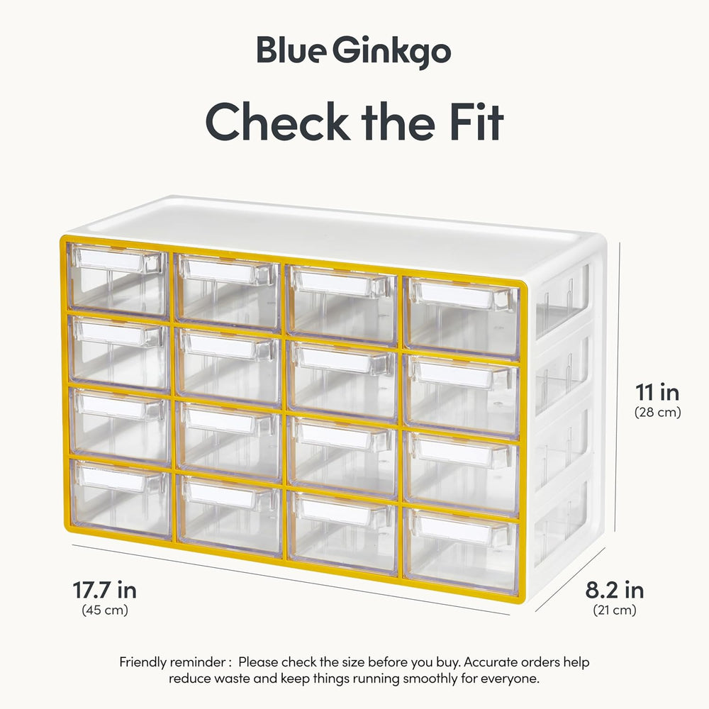 Blue Ginkgo 16-Drawer Storage Cabinet Organizer, Yellow, Made in Korea