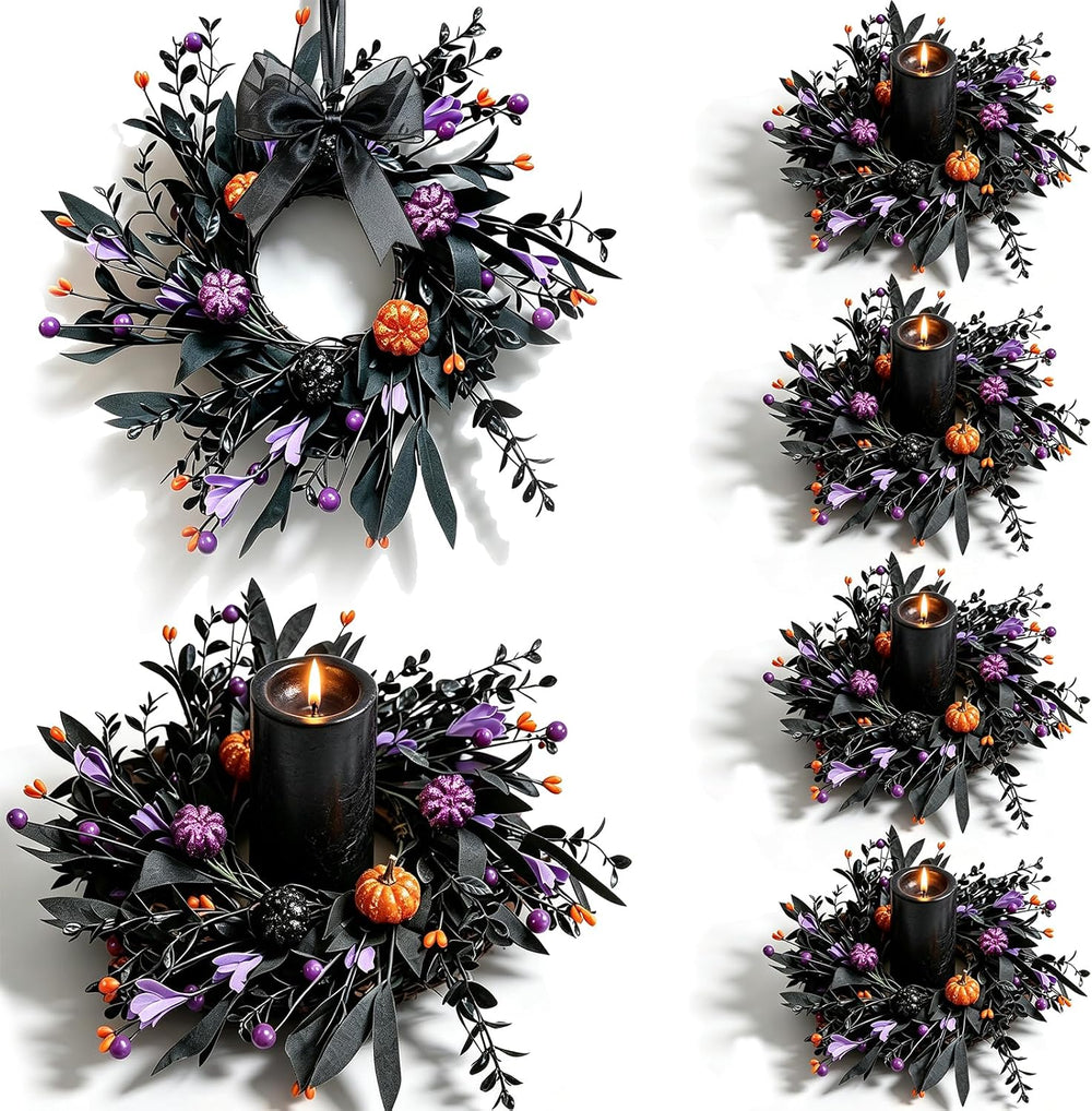 6 Pcs Halloween Mini Candle Ring Wreaths for Cabinets Small Pillar Candle Hol...