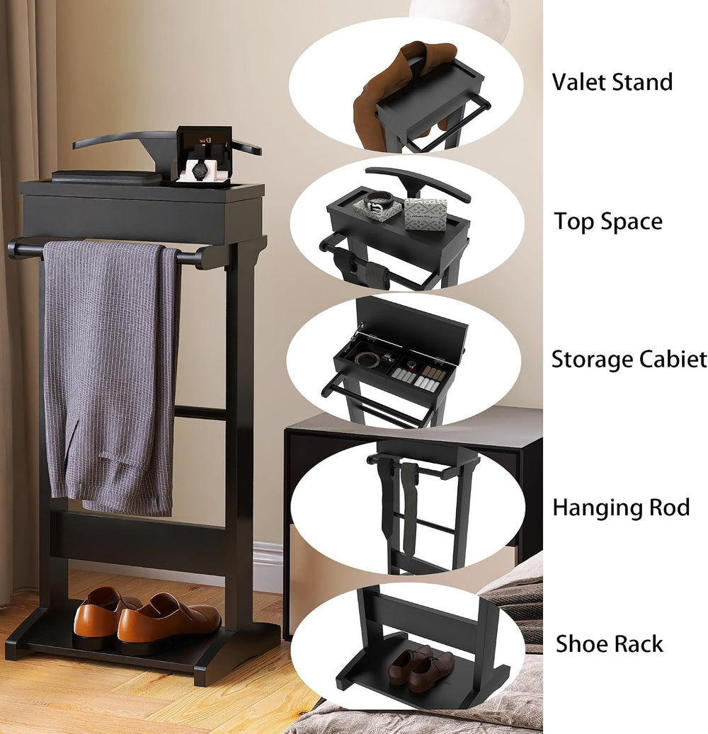 Wooden Mens Valet Stand, Clothes Rack with Flip Tray & Suit Hanger & Rod