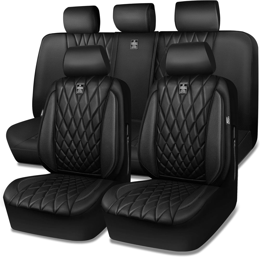 CAR PASS 5 Seats Piping Luxury Faux Leather Seat Covers Full Set, Anti-Slip W...