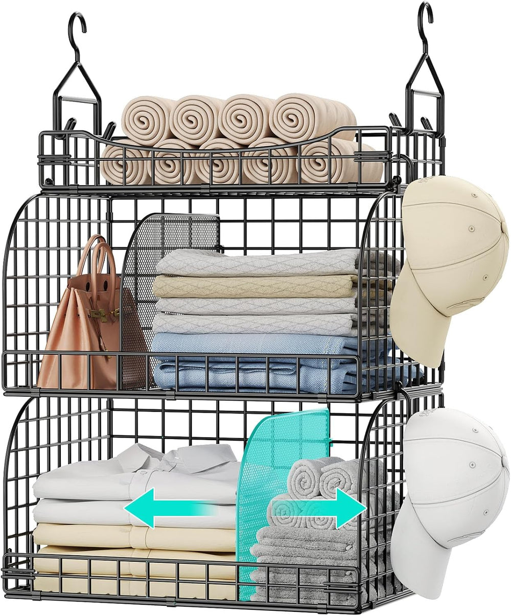 HapiRm Hanging Closet Organizer Storage - 3 Tier Metal Stackable Hanging Clos...