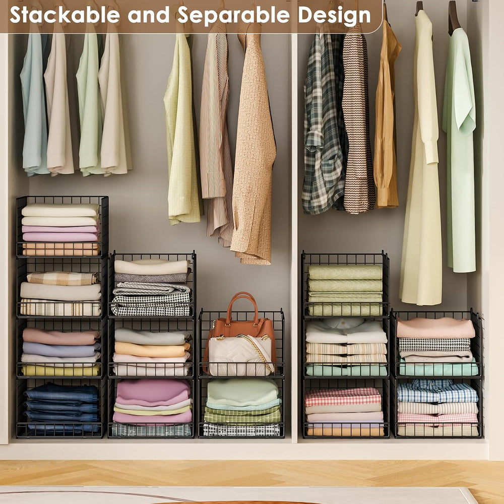 Stackable Closet Organizers and Storage Baskets, 4-Tier Closet Shelf Organize...