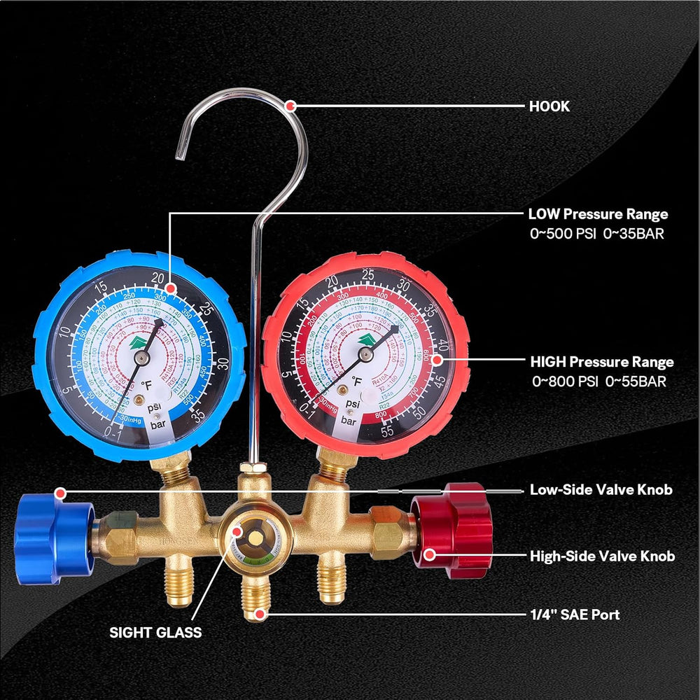 HVAC Manifold Gauge Set with Brass Body and Explosion-Proof Lens, AC Gauge Se...