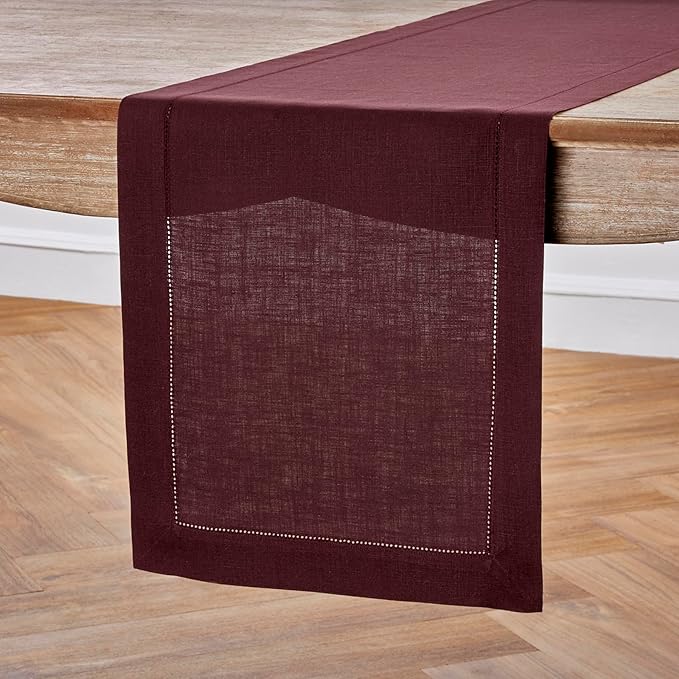Solino Home Linen Burgundy Table Runner 72 Inches Long - 100% Pure Linen Hems...