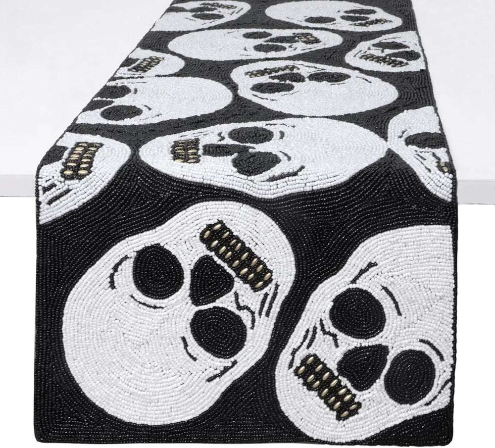 COTTON CRAFT Halloween Beaded Table Runner - Black White Skulls 13x36 inch