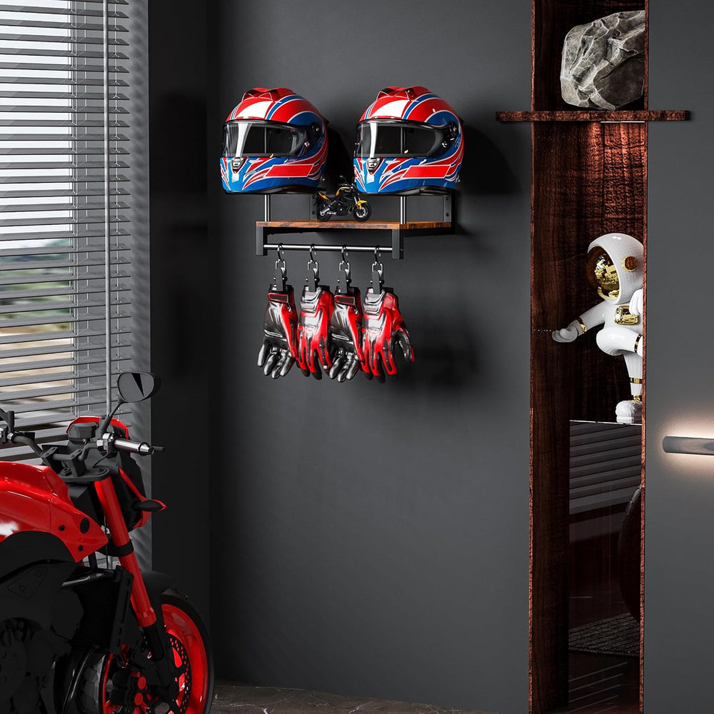 Automotive Helmet Holder Wall Mount, Solid Wood and Metal Helmet Rack with 4 ...