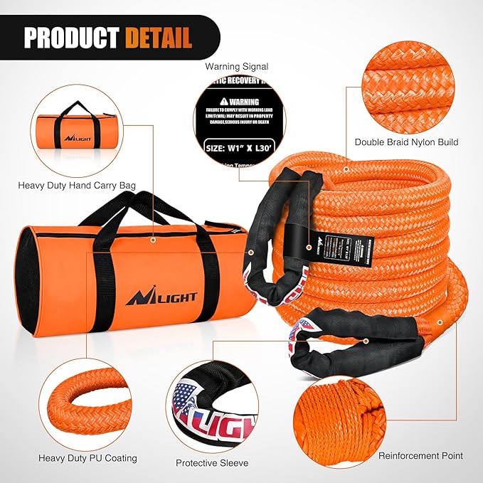 Nilight Kinetic Recovery Rope 33000 LBS 1" x 30ft Snatch Strap Heavy Duty