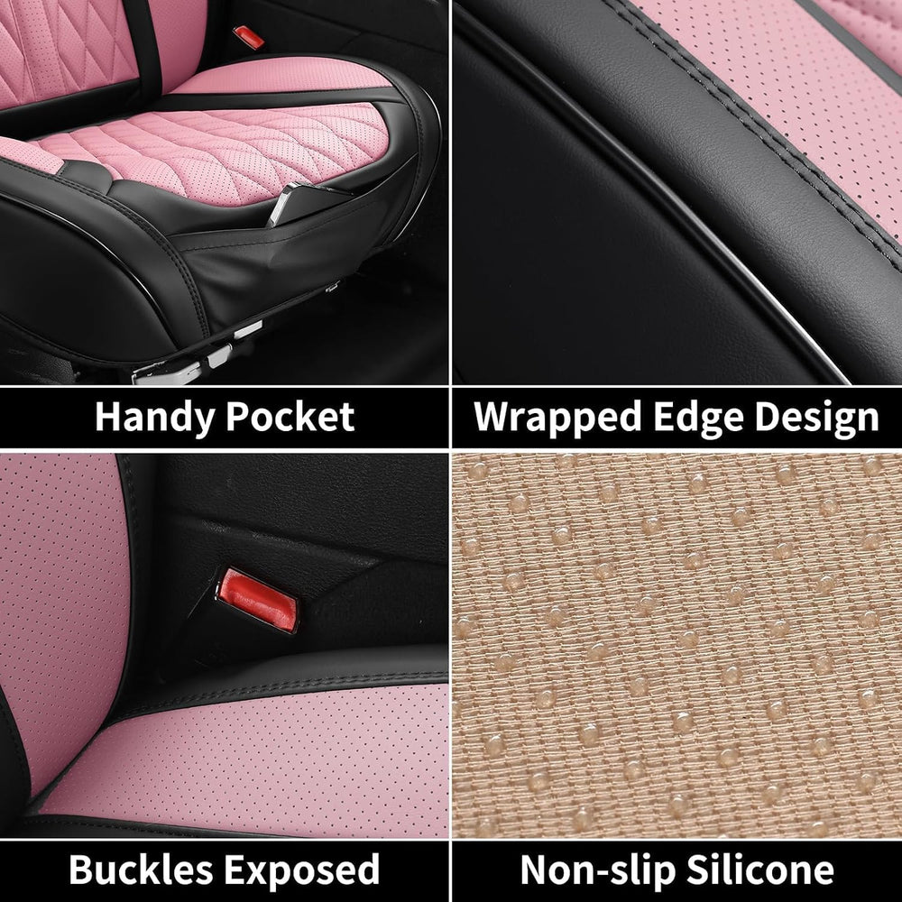 Pink Black Car Seat Covers Full Set,5 Seat Leather Seat Covers for Cars