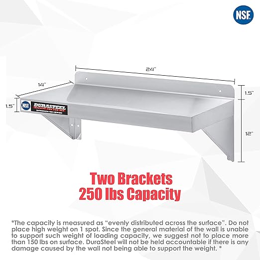 DuraSteel Stainless Steel Wall Mount Shelf 24" Wide x 14" Deep Comm...