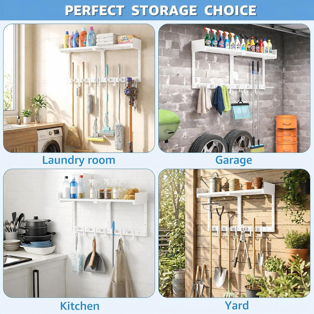 HUFAND Broom Holder Wall Mount, 27" Mop and Broom Organizer with Top Shelf