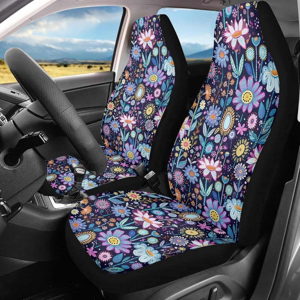 Hippie Flower Blue Purple Auto Seat Cover Pack of 2 Pack Car Front Seat Cushi...