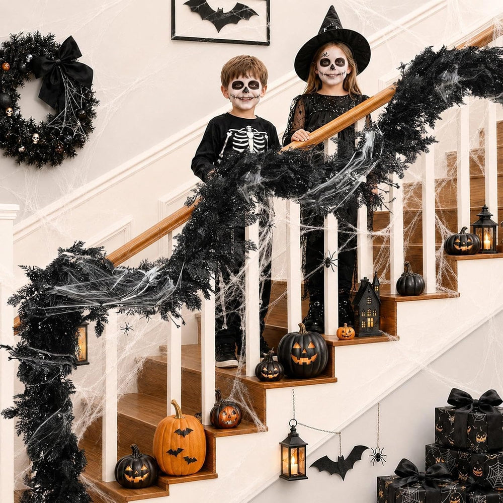 Pre-lit Halloween Garland Decorations Black Real Touch Cedar Cypress with Ber...