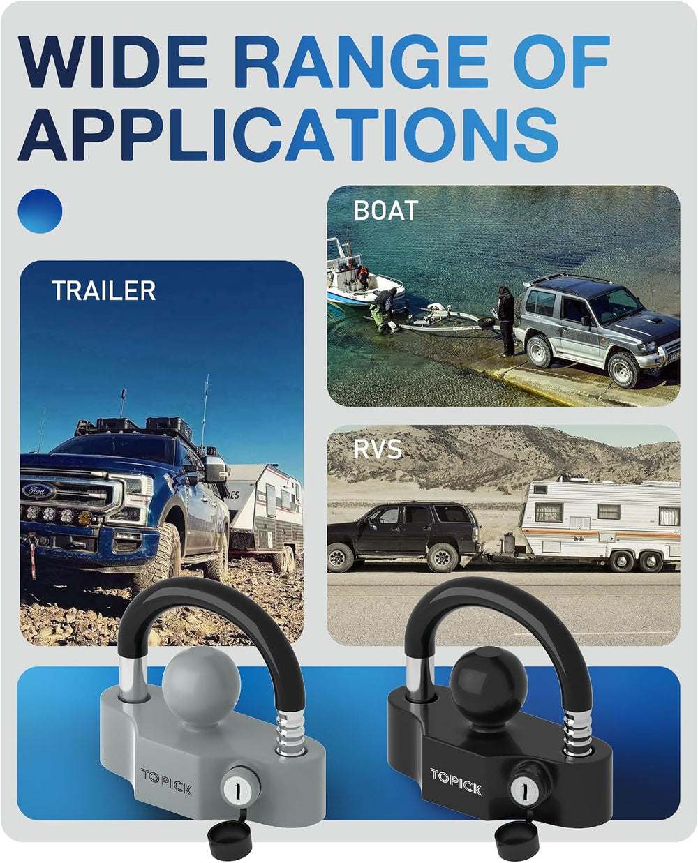 TOPICK Heavy-Duty Trailer Coupler Lock with PVC-Coated U-Bolt, Universal Fit ...