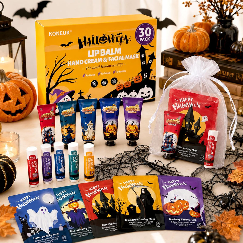 30 Pack Halloween Face Mask, Lip Balm & Hand Cream, Halloween Party Favors