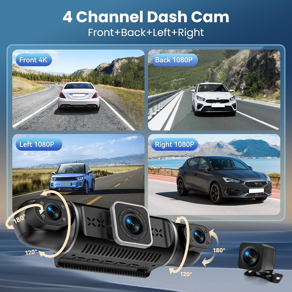 360°View 4 Channel Dash Cam, 4K+1080P Front and Rear Inside Left Right, Dash ...